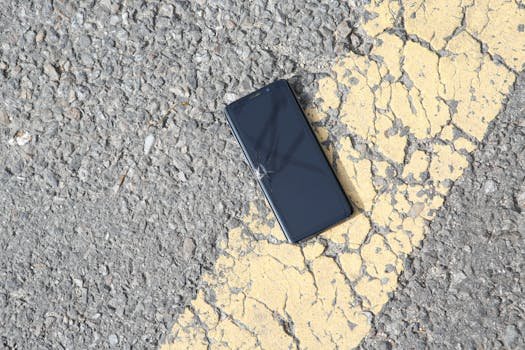 A close-up view of a cracked smartphone lying on a sunlit asphalt road.