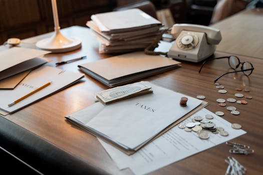 Close-up of an office desk with tax documents, coins, glasses, and an old phone, symbolizing finance and organization.